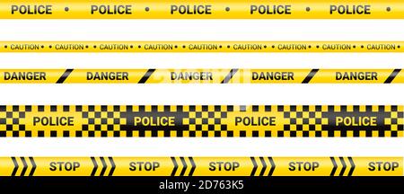 Polizeiband, Kriminalitätsgefährdungslinie. Vorsicht Polizeilinien isoliert. Warnbänder und Sperrbänder. Set mit gelben Warnbändern. Vektorgrafik Stock Vektor