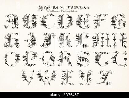 Verzierte Alphabet aus einem Französisch illuminierten Manuskript 15. Jahrhundert. Alphabet du XVeme Siecle Tire du Manuscrit No. 145 Franc. Bibl. Nat. Chromolithographie von Ernst Guillot aus seiner Ornementation des Manuscrits au Moyen-Age, Paris, 1897. Stockfoto