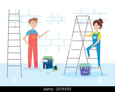 Maler paar mit Leiter Eimer Farbe Roller Pinsel Wand Umbau vektorgrafik Umbau Stock Vektor