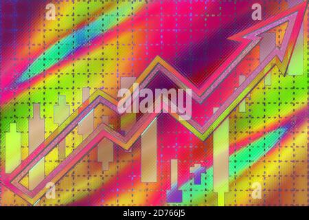 Ein abstraktes mehrfarbiges Neon-Aufwärtstrend-Pfeil und Candlestick-Diagramm Hintergrundbild. Stockfoto