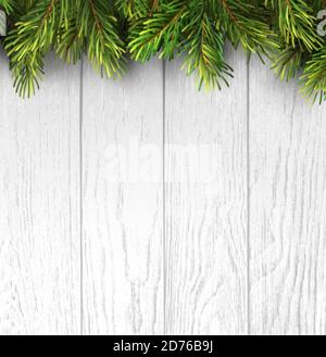 Weihnachtliche Äste auf weißem Holzbrett für Bannerdesign. Banner für den Urlaub Frohes neues Jahr. frohe weihnachten. Hintergrund des Urlaubsvektors. Stock Vektor