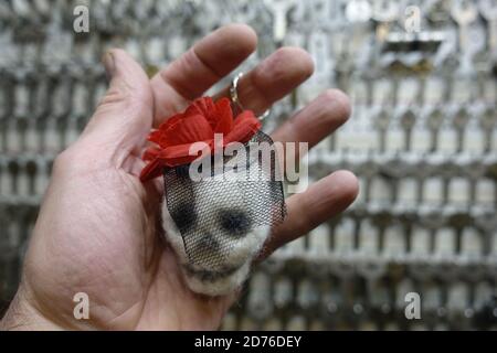 Nadel Gefilzt Totenkopf Zeichnung ,Schlüssel Anhänger ,Tag der Toten, Filz Totenkopf. Stockfoto