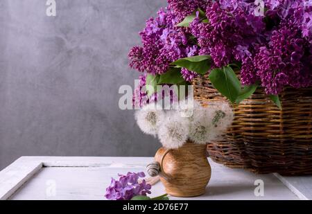 Schönes Löwenzahn-Bouquet in einem braunen Keramiktopf gegen lila Fliederblumen im dunkel-stimmungsvollen Stil. Tapete für die Frühjahrssaison. Gefiltertes Foto im Vintage-Look. Stockfoto