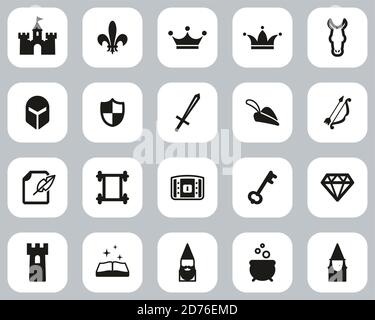 Fantasy Oder Fairytale Icons Black & White Flat Design Set Groß Stock Vektor