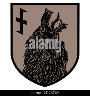 Design-Patch. Wappschild mit Werwolf und Rune Wolfsangel Stock Vektor