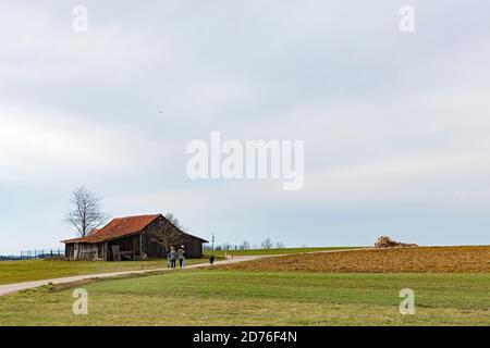 Feldscheune, Hütte, Acker, Iggingen, Schwäbische Alb Stockfoto