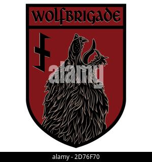 Design-Patch. Wappschild mit Werwolf und Rune Wolfsangel Stock Vektor