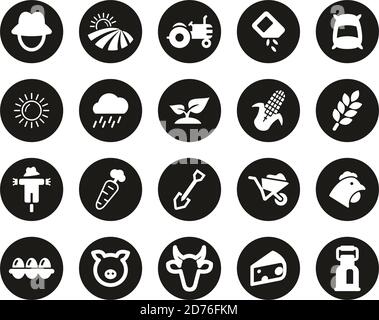 Farm & Farm Equipment Icons Weiß Auf Schwarz Flat Design Kreis Groß Stock Vektor