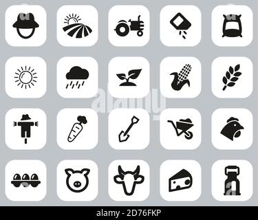 Farm & Farm Equipment Icons Black & White Flat Design Groß Einstellen Stock Vektor