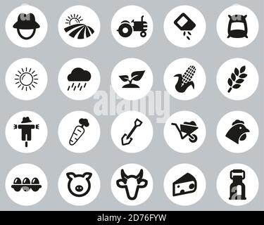 Farm & Farm Equipment Icons Black & White Flat Design Kreis Groß Stock Vektor