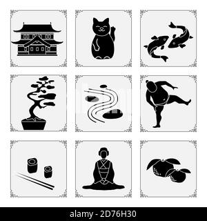 Symbole der japanischen Kultur. Japanische Frau in Kimono, Mandarinen, Rollen, Essstäbchen, Sumo Athlet, Steingarten Glückliche Katze Maneki Neko, Koi Karpfen Bonsa Stock Vektor