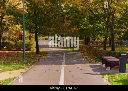 Asphaltierte Straße im Park, geteilt durch Markierungen auf dem Fahrrad und Fußgänger Teile. Stockfoto
