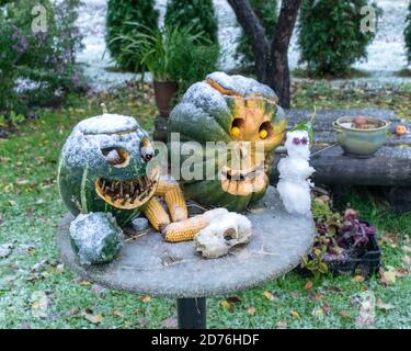 Erster Schnee, geschnitzte dekorative Kürbisse im Garten, erster Schnee auf Kürbisdekoren, halloween, Kürbisdekor, Herbstzeit Stockfoto