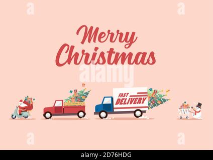 Santa claus fahren ein Motorrad mit Lastwagen und Schneemann schieben einen Warenkorb. Weihnachten Lieferservice Vektor-Illustration Stock Vektor