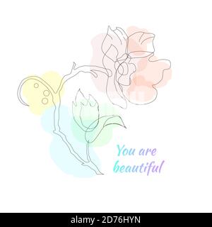 Fortlaufende eine-Linie-Zeichnung. Zeichnung einer Blume mit Aquarellflecken. Schwarz-Weiß-Vektorgrafik. Konzept für Logo und Visitenkarte Stock Vektor