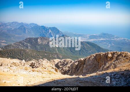 Der Panoramablick vom Olympos Berg oder Tahtali bei Kemer, Provinz Antalya, Türkei Stockfoto