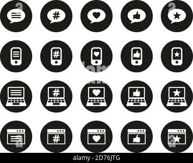 Feedback & Rating Icons Weiß Auf Schwarz Flat Design Circle Groß Einstellen Stock Vektor
