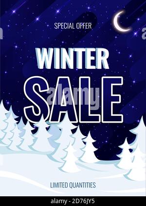 Text, Winterverkauf vor dem Hintergrund des Winternachtwaldes. Weihnachtsbanner, um den Laden zu werben. Vector vertikales Promo-Poster. Stock Vektor