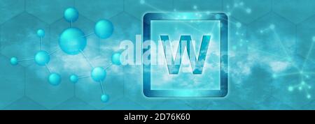 W-Symbol. Wolfram chemisches Element mit Molekül und Netzwerk auf blauem Hintergrund Stockfoto