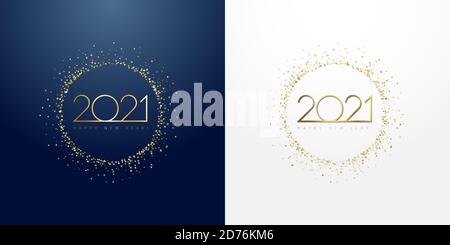 2021 in goldenem funkelndem Ring mit Staub-Glitzer-Grafik auf dunkelblauem und weißem Hintergrund. Frohes neues Jahr dekoratives glühendes glänzendes Design für Auszeichnung Stock Vektor