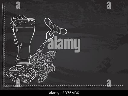 Vektor-Vorlage mit Stillleben mit einem Glas Bier, Brezel und Wurst stilisiert als Kreidezeichnung auf Kreidetafel. Design für ein Restaurant, Café oder Bar. Elemente des Oktoberfests. Stock Vektor