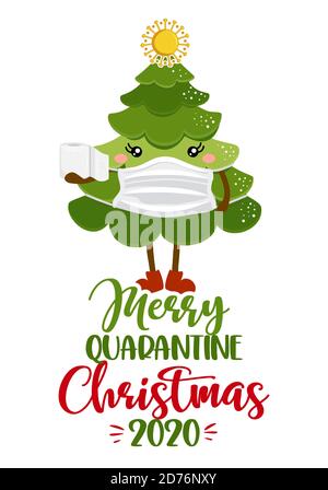 Frohe Quarantäne weihnachten 2020 - Kawaii Stil niedlichen Weihnachtsbaum Doodle Zeichnung mit Text für selbst Quarantäne Zeiten. Weihnachtsdekoration. ood für Poster Stock Vektor