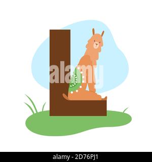 Kinder ABC englisch Tier Alphabet mit L Buchstaben und niedlichen Alpaka lama. Stock Vektor