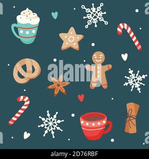 Weihnachtsmuster mit niedlichen Cups und Ingwer-Kekse, Vektor-Illustration in flachem Stil Stock Vektor
