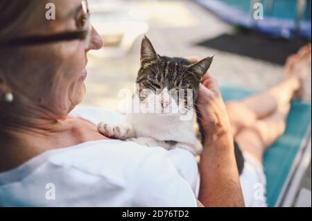 Glücklich lächelnd ältere Frau in einer Brille entspannen im Sommergarten im Freien umarmt inländischen tabby Katze. Rentner alte Menschen und Tiere Haustiere Konzept Stockfoto