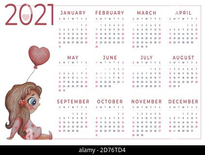 Kalender 2021 Aquarell. Jahreskalender für 2021. Aquarell - ein nettes Mädchen mit einem Ballon in den Händen sitzen. A3 horizontales Format mit 12 Monaten Stockfoto