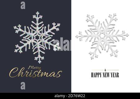 Weihnachten Neujahr Nahaufnahme Schneeflocken auf blauweißem Hintergrund. Gold Text Frohe Weihnachten Frohes neues Jahr. Minimalistisches Design in 3D-Illustration. Platz kopieren, für Text platzieren Stockfoto