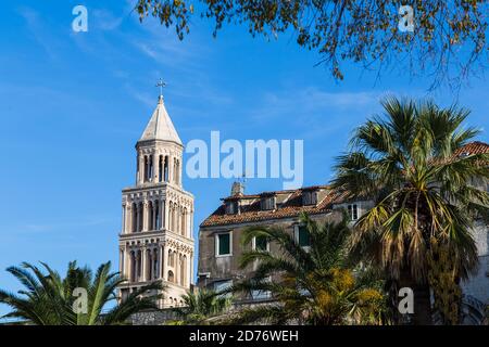 Kathedrale von Saint Domnius Glockenturm unter Laub und Palmen an der Riva in Split, Kroatien eingerahmt. Stockfoto
