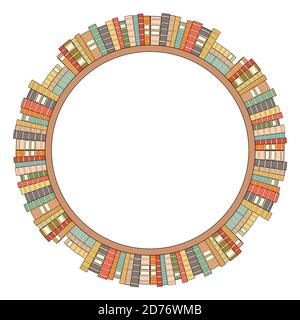 Runder Rahmen von Bücherregalen mit bunten Büchern. Bibliothek und Dateiablage. Wissen und Bildung. Konturvektorumrandung für Rahmen, Einladung, Karten Stock Vektor