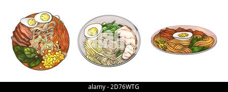 Set von Cartoon-Gerichte mit Nudeln. Japanischer traditioneller Ramen. Asiatisches Mittagessen. Das Objekt ist vom Hintergrund getrennt. Vektorelement für Stock Vektor