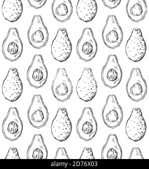 Nahtloses Muster mit Avocado-Skizze in Reihe auf weißem Hintergrund. Gravurillustration mit Schraffur. Gesunde Keto-Diät. Vektorstruktur für Tapete Stock Vektor