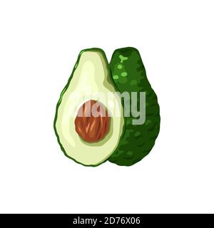 Illustration von Cartoon Avocados. Verschiedene Elemente von Avocado Scheiben mit Gruben. Vorderansicht. Keto-Diät. Zutaten für Guacamole. Vektorelement für m Stock Vektor