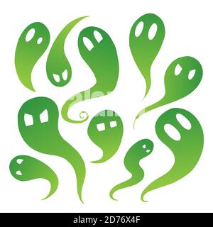 Set of green cartoon ghosts with emotions. Spirits in different forms. The object is separate from the background. Halloween elements for decorating. Stock Vektor