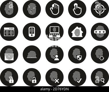 Fingerabdruck-Symbole Weiß Auf Schwarz Flat Design Kreis Set Groß Stock Vektor