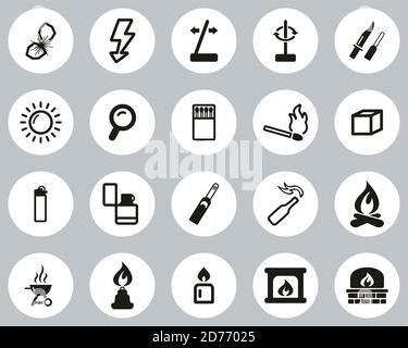 Feuer & Feuer Werkzeuge Icons Schwarz & Weiß Flach Design Kreis Set Groß Stock Vektor