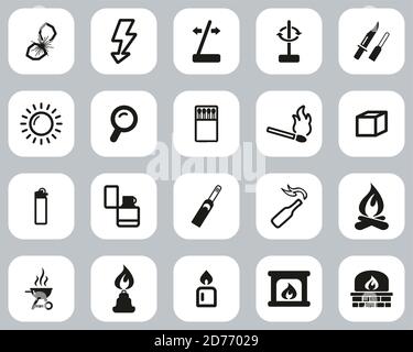 Feuer & Feuer Werkzeuge Icons Schwarz & Weiß Flach Design Set Groß Stock Vektor