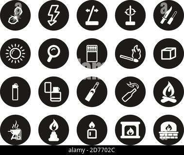 Feuer & Feuer Werkzeuge Icons Weiß Auf Schwarz Flach Design Kreis Set Groß Stock Vektor