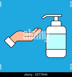 Hand- und Flüssigseife. Farbsymbol des Händedesinfektionsmittels. Hände waschen. Alkoholdesinfektionsflasche und menschliche Handfläche. Antivirus und antibakteriellen Schutz.Vector Stock Vektor