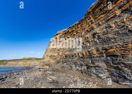 Die instabilen, fossil reichen Schlammsteine und Schieferschichten in den Klippen von Kimmeridge Bay an der Jurassic Coast, Dorset, England Stockfoto