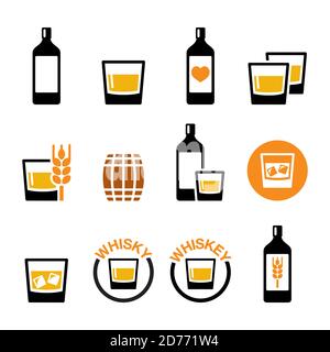 Whisky- oder Whiskey-Vektor-Icon-Set - Alkoholgetränk, Pub- und Bar-Design Stock Vektor