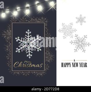 Abstrakte Schneeflocken für Weihnachten minimalistisches Design. Nahaufnahme Schneeflocken auf weißem blauen Hintergrund. Gold Text Frohe Weihnachten Frohe Weihnachten Frohes neues Jahr, 3D Rendering, Einladungskarte Stockfoto