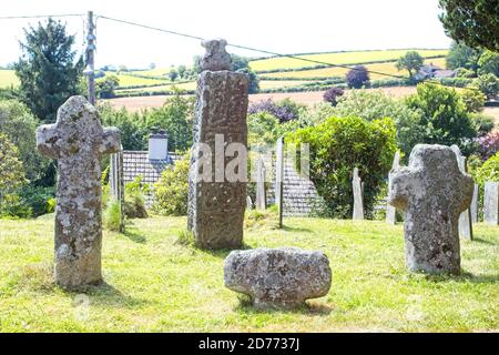 Die Überreste von vier alten keltischen Steinkreuzen im Kirchhof von St. Neot's Church, St. Neot, Cornwall, England, UK. Stockfoto