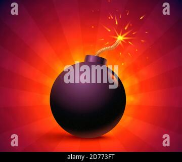 Illustration einer Bombe mit Funken. Schwarze Bombe auf orangefarbenem Hintergrund. Stockfoto