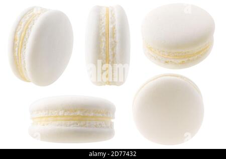 Isolierte weiße Macarons Kollektion. Vanille oder Kokosnuss Makronen in verschiedenen Winkeln isoliert auf weißem Hintergrund Stockfoto