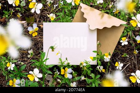 Weißes Papier Karte Mockup mit gelben Blume und Handwerk Umschlag auf Naturgrund. Flat Lay.Draufsicht des Blattes.Naturkonzepte. Vorlage für Hochzeitseinladung Stockfoto