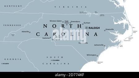 North Carolina, NC, graue politische Karte. Mit Hauptstadt Raleigh und größten Städten. Staat in der südöstlichen Region der Vereinigten Staaten von Amerika. Stockfoto